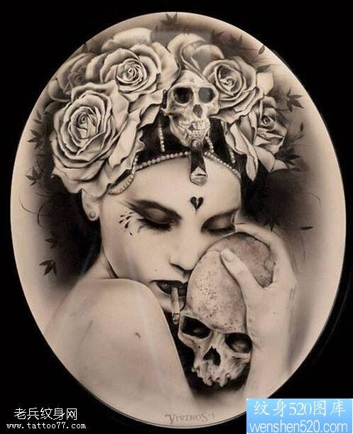 一款女郎玫瑰骷髅纹身手稿图案