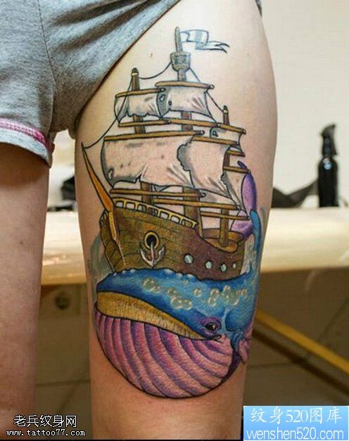 腿部彩色帆船鲨鱼纹身图案
