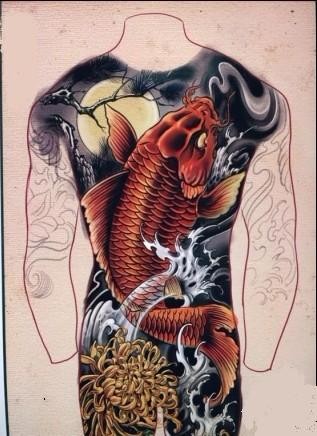 个性后背红色锦鲤纹身手稿图案