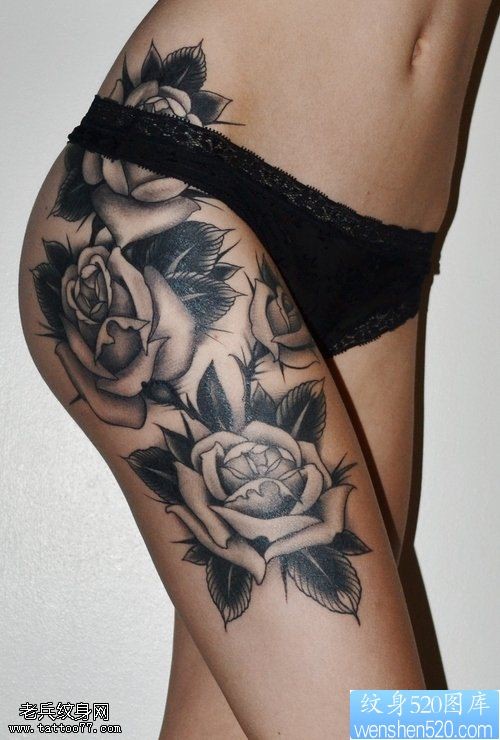 腿部玫瑰花纹身图案