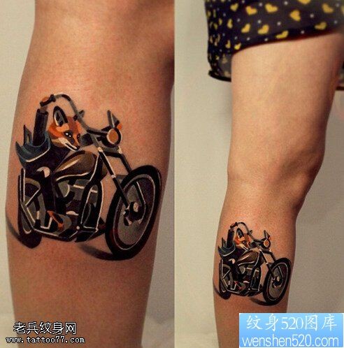 最好的纹身馆推荐一款腿部摩托车纹身图案