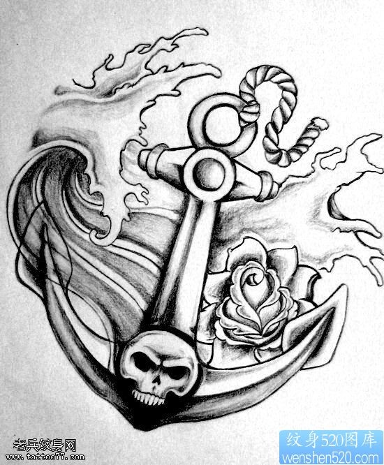 一款船锚骷髅玫瑰花纹身图案