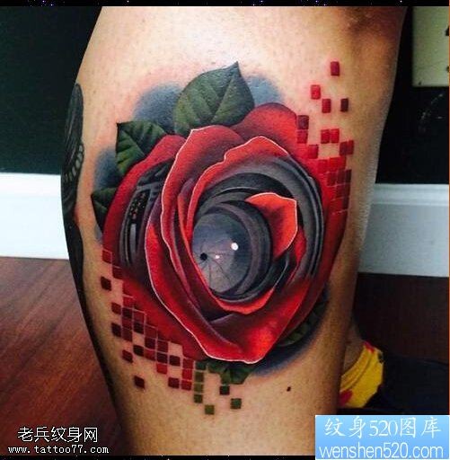 腿部3d玫瑰花纹身图案
