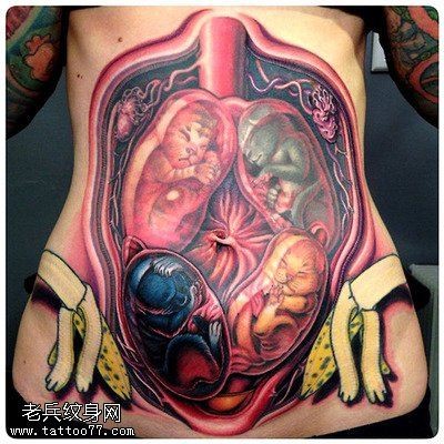 最好的纹身馆推荐一款腹部心脏纹身图案