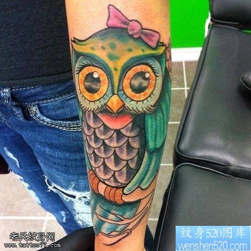 手臂漂亮乖巧的彩色猫头鹰纹身图案