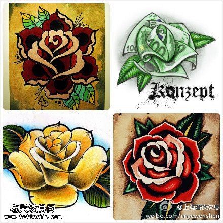 一款彩色玫瑰花纹身手稿图案