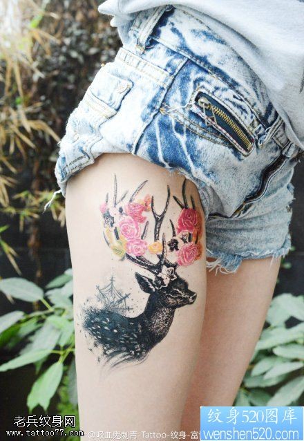 女性腿部小鹿儿纹身图案