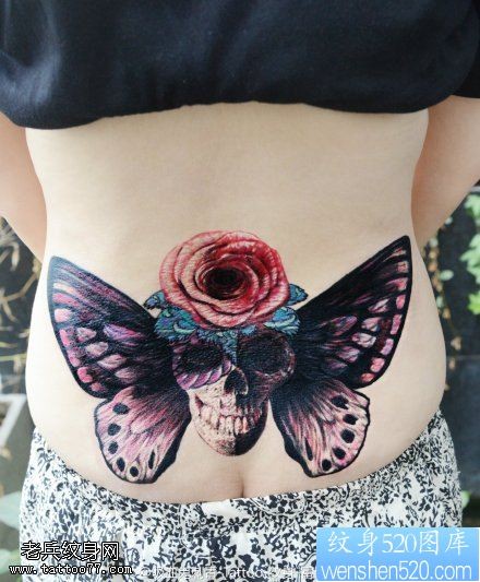 女性后腰欧美彩色蝴蝶骷髅头玫瑰花纹身图片