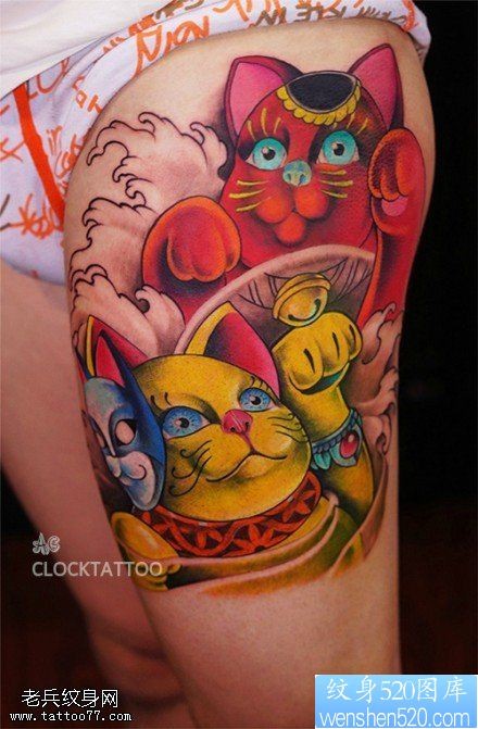 腿部彩色招财猫纹身手稿图片