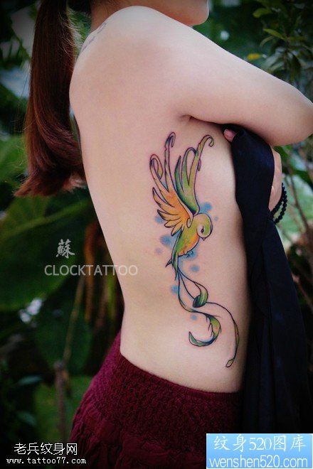 女性侧腰彩色蜂鸟纹身图片