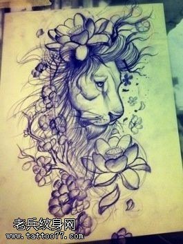 纹身馆提供一款狮子莲花纹身手稿图片