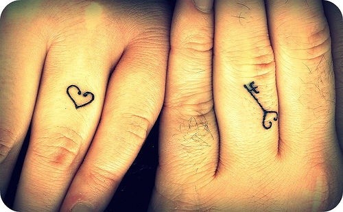 情侣手指上的爱心钥匙纹身