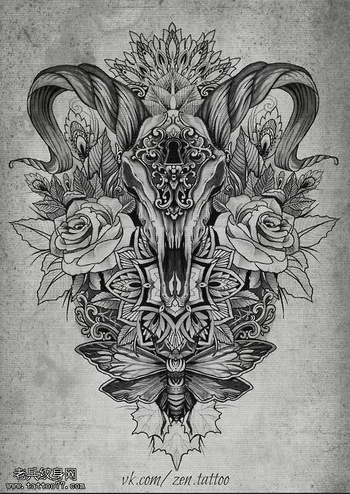 纹身提供一款羚羊玫瑰花梵花纹身手稿图片