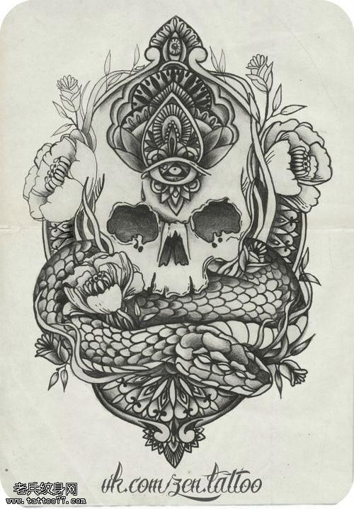 骷髅牡丹花上帝之眼蛇纹身手稿图案