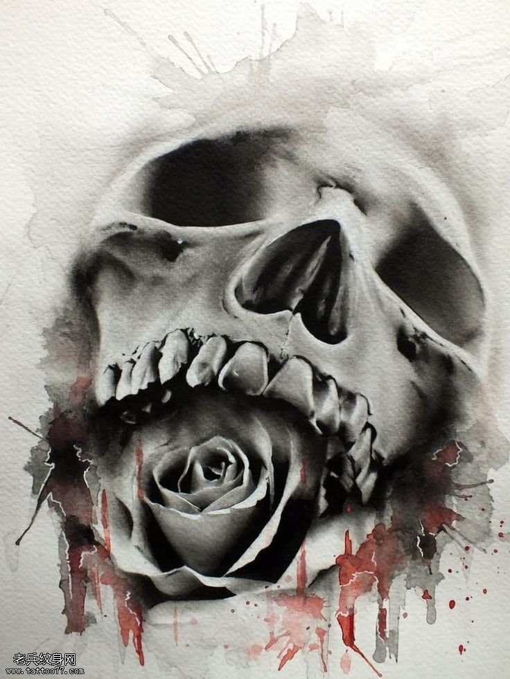 欧美骷髅玫瑰花纹身手稿图案