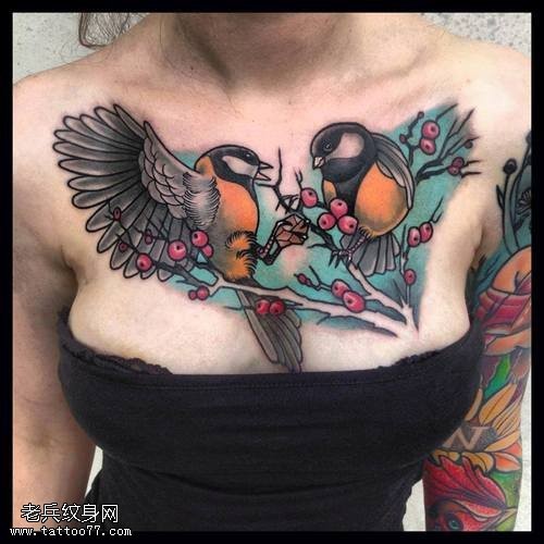 女性胸口彩色鸟纹身图片