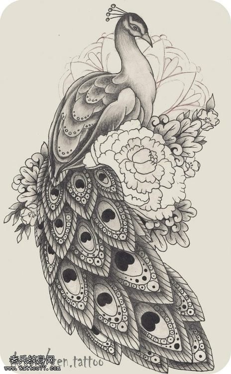 一款孔雀牡丹纹身图片