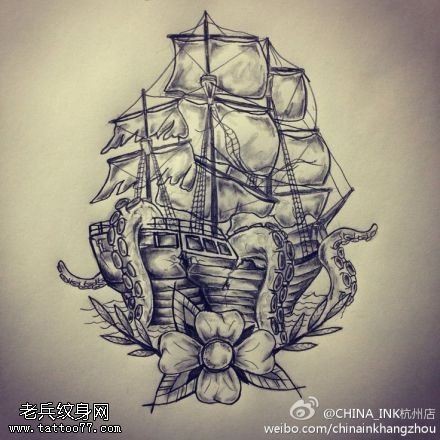 帆船章鱼花纹身图片