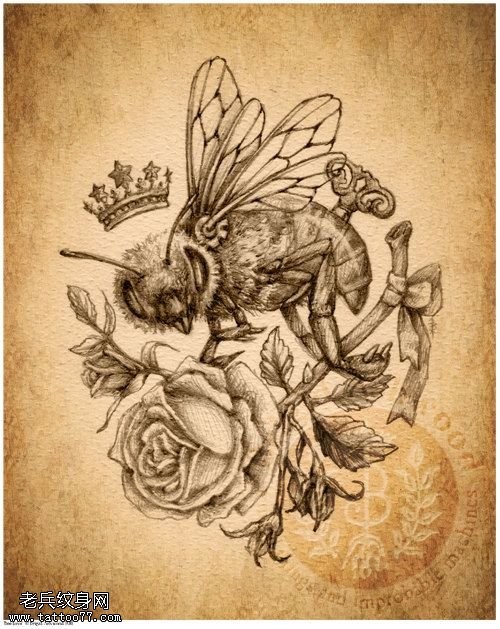 蜜蜂皇冠玫瑰花纹身手稿图案