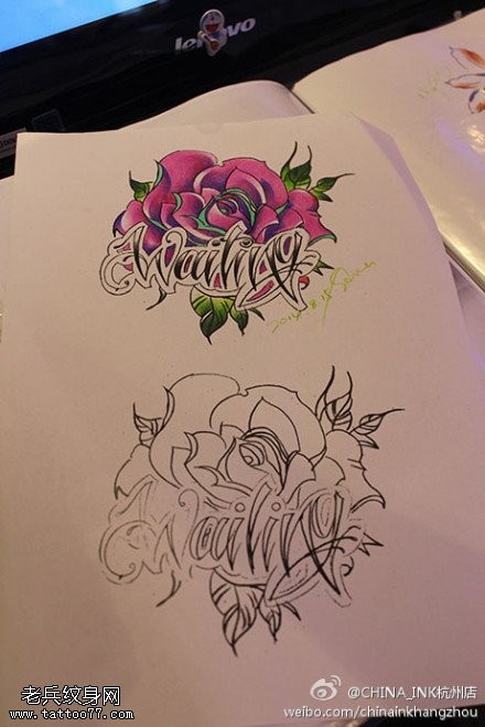 一款彩色玫瑰花字体纹身图案