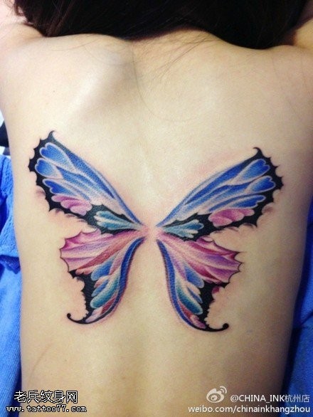 女性背部彩色蝴蝶纹身图案