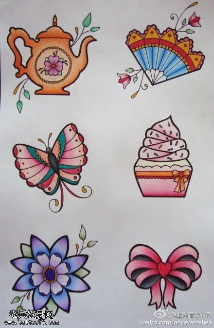 扇子蝴蝶蛋糕蝴蝶结纹身手稿图案