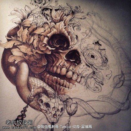 一款骷髅蛇牡丹纹身图案