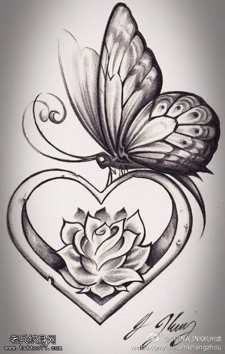蝴蝶爱心纹身手稿图案