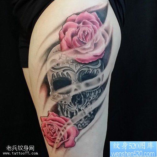 腿部欧美彩色骷髅玫瑰花纹身图案