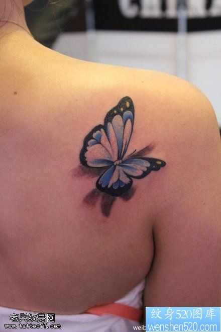 女性肩部彩色3D蝴蝶纹身图案