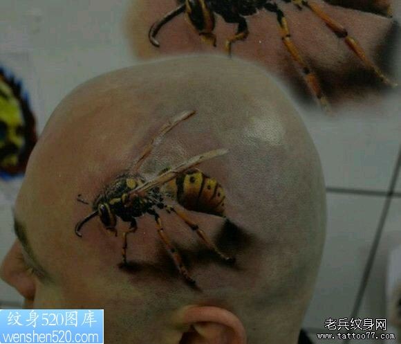男子头上一款写实蜜蜂纹身作品