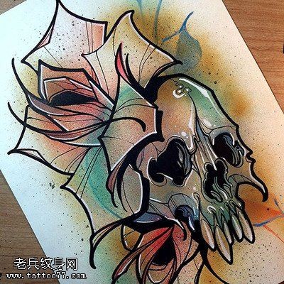一款彩色骷髅花纹身手稿图案