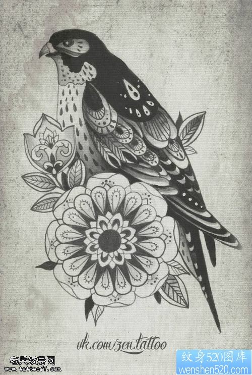 一款梵花鸟类纹身手稿图案