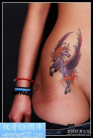 美女腹部彩色独角兽翅膀纹身图案纹身图片