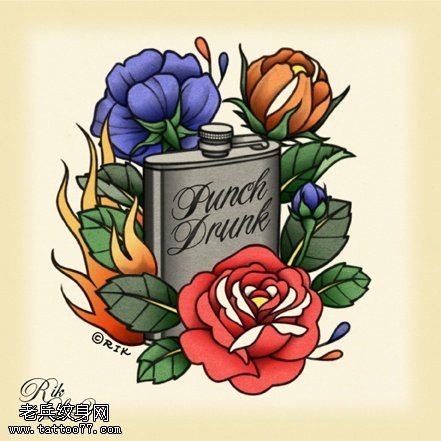 彩色玫瑰花酒壶纹身手稿图案