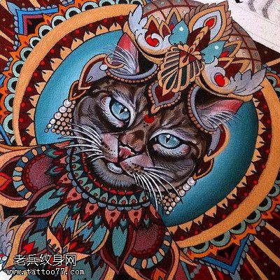 一款彩色个性猫咪纹身手稿图案