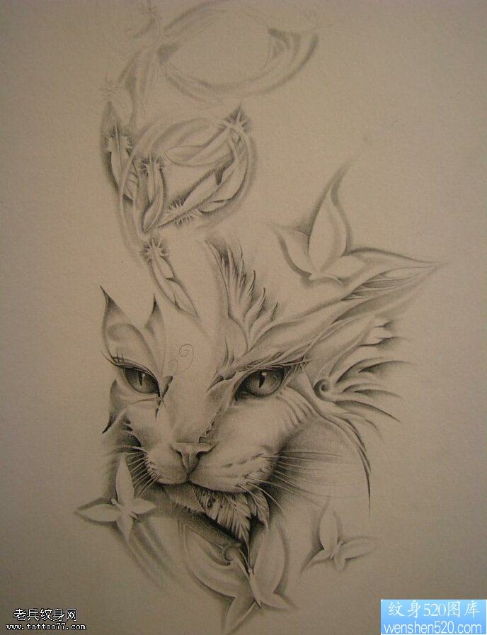 一款黑灰猫咪纹身手稿图案