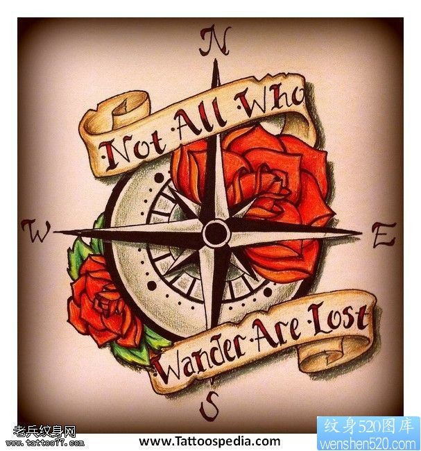 彩色指南针罗盘玫瑰花字母纹身图案