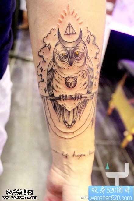 一款手臂猫头鹰纹身图案