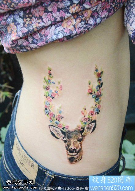女性侧腰彩色小鹿纹身图案
