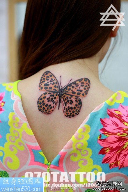 女生后脖子精美漂亮的豹纹蝴蝶纹身图案