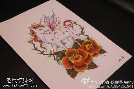 彩色玫瑰花鹿纹身图案