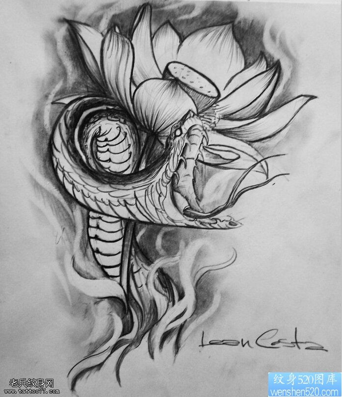 黑灰蛇莲花纹身图案