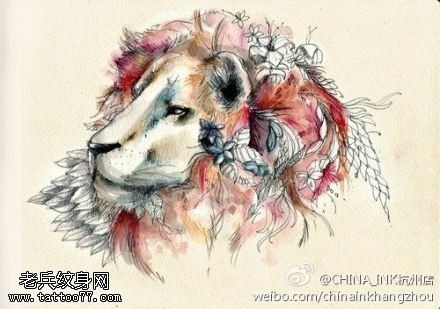 彩色水墨狮子纹身图案