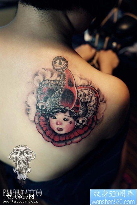 女性肩部彩色小丑纹身图案