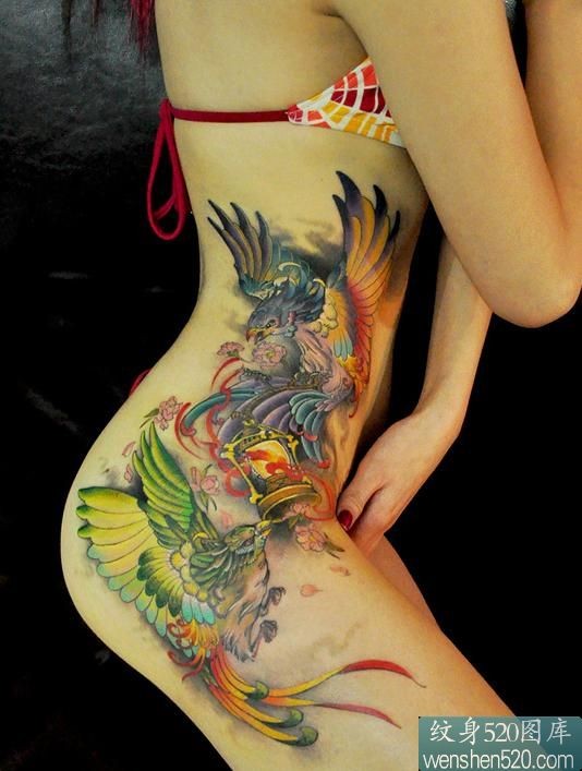 一款女性侧腰彩色凤凰纹身图案