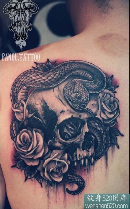 背部骷髅玫瑰花蛇纹身图案