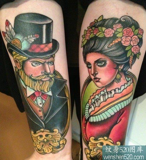 彩色卡通人物之爵士和他太太的头像纹身图案