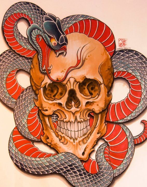超有个性的纹身：骷髅和蛇的霸气组合纹身手稿