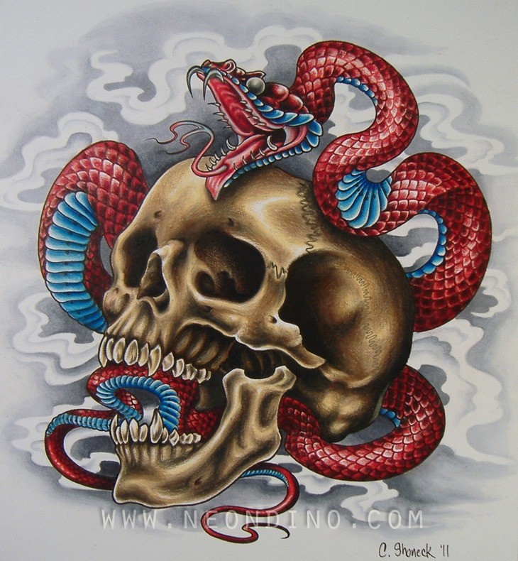超有个性的纹身：骷髅和蛇的霸气组合纹身手稿